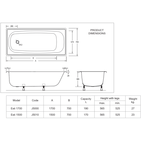 Esti 1700 Pressed Steel Enamel Bath