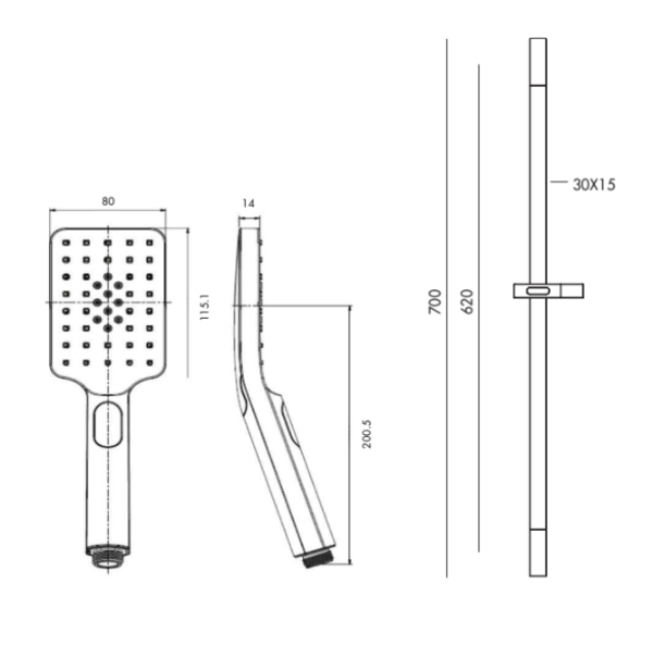 Bakara 3 Function Rectangular Shower on Sliding Rail, Matte Black