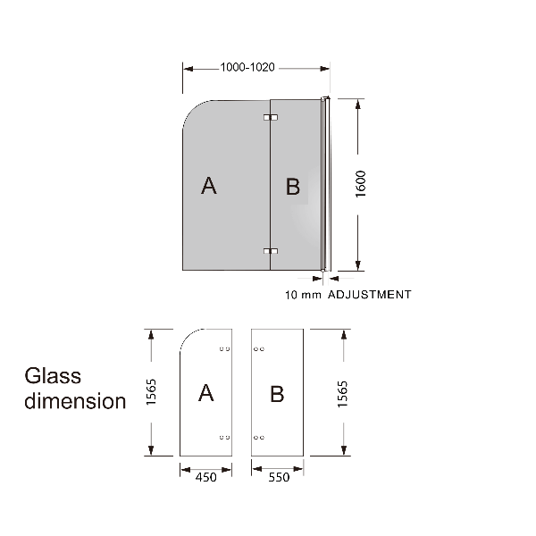Bella Vista Frameless Fixed & Swing Bath Screen, 1000mm