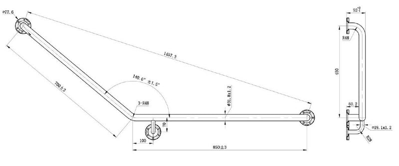 Care+ 45 Degree Right Hand Grab Rail 850mm x 700mm