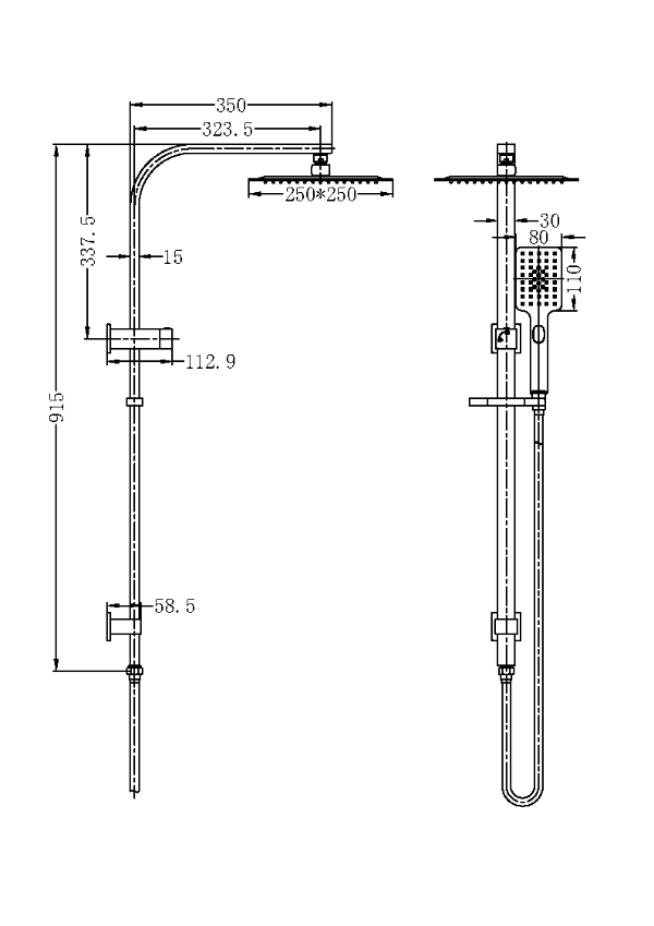 Nero Celia Flat Rail Square 250mm Combination Shower - Brushed Gold