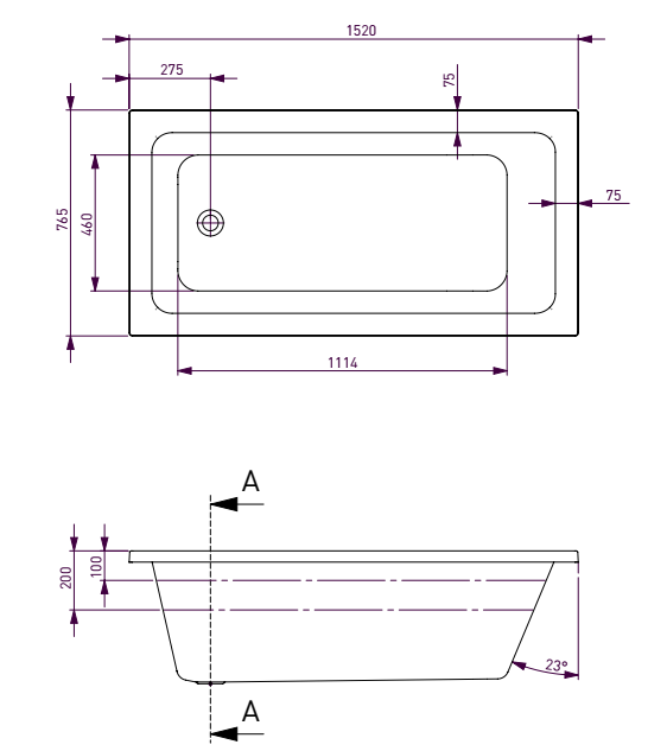 Decina Cortez Inset Bath, White 1520mm/1670mm