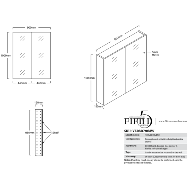 FABF Verona Pencil Edge Mirrored Shaving Cabinet 900mm x 1000mm