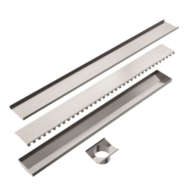 Nero 900mm Tile Insert Channel Floor Grate (50mm/89mm Outlet Options) - Brushed Nickel