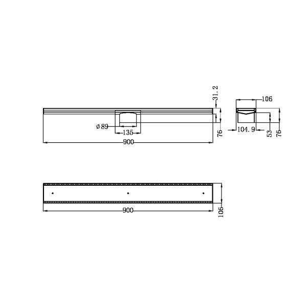 Nero 900mm Tile Insert Channel Floor Grate (50mm/89mm Outlet Options) - Brushed Nickel