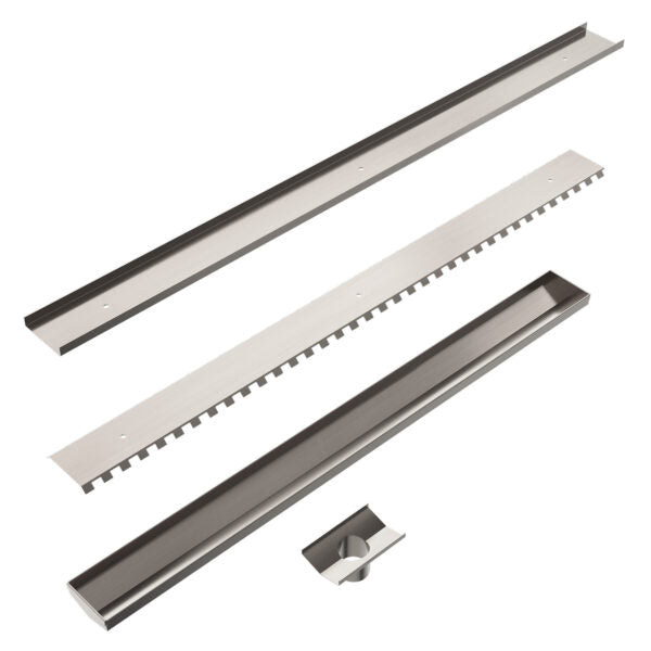 Nero 900mm Tile Insert Channel Floor Grate (50mm/89mm Outlet Options) - Brushed Nickel