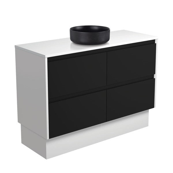 Fienza Amato 1200mm Floorstanding Vanity with Reba Basin and Crystal Pure Stone Top - Satin Black with Satin White Panels