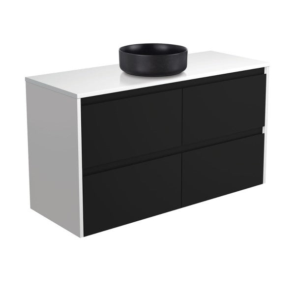 Fienza Amato 1200mm Wall Hung Vanity with Reba Basin and Crystal Pure Stone Top - Satin Black with Satin White Panels