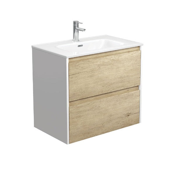 Amato 750mm Wall Hung Vanity With Joli Ceramic Top - Scandi Oak with Satin White Panels