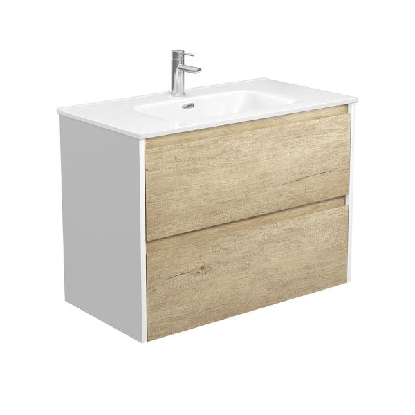 Amato 900mm Wall Hung Vanity With Joli Ceramic Top - Scandi Oak with Satin White Panels