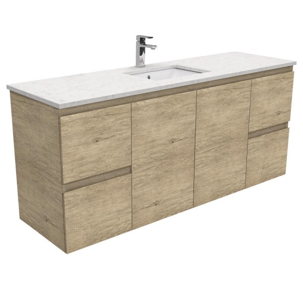 Fienza Edge Bianco Marble Stone Wall Hung Single Bowl Vanity 1500mm - Scandi Oak