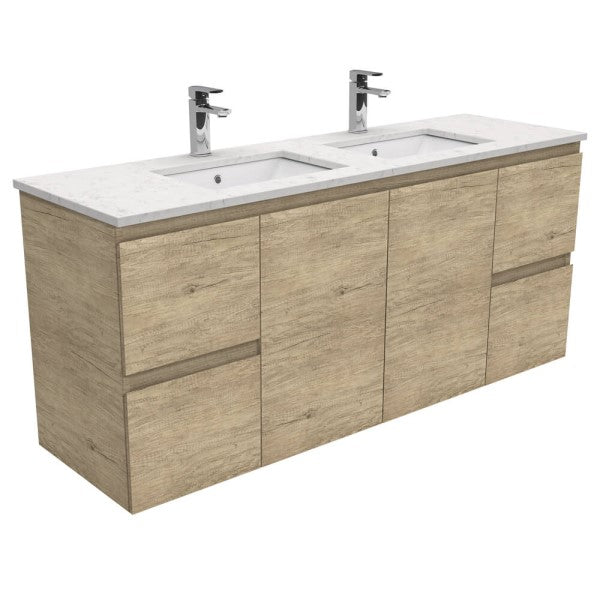 Fienza Edge Bianco Marble Stone Wall Hung Double Bowl Vanity 1500mm - Scandi Oak