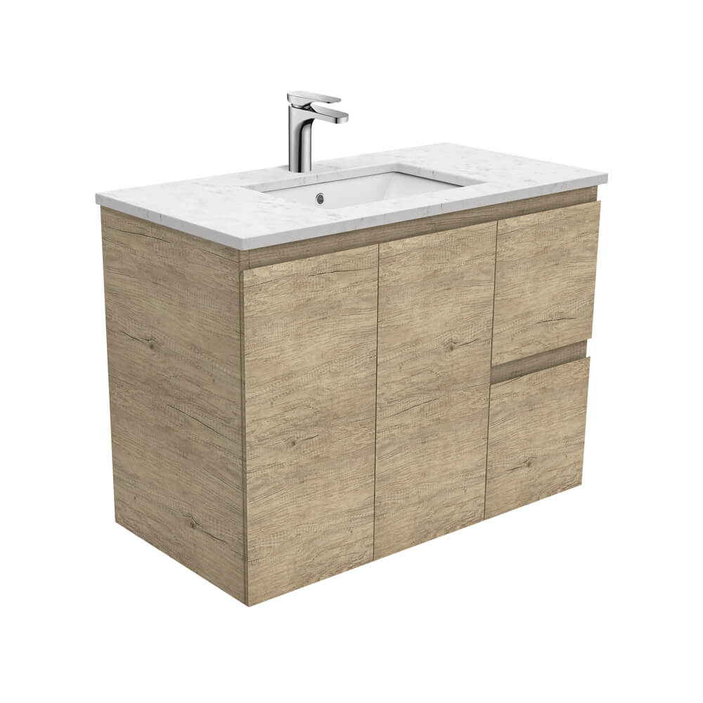 Fienza Edge Bianco Marble Stone Wall Hung Vanity 900mm - Scandi Oak