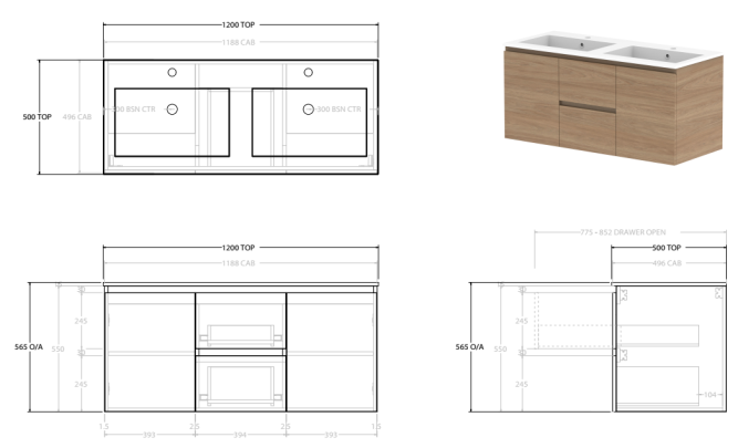 Glacier Lite 1200mm Twin Vanity, Double Bowl CastMarble Top