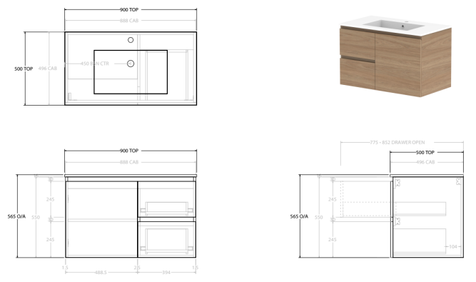 Glacier Lite Twin 900mm Vanity, CastMarble Top, Bowl Options