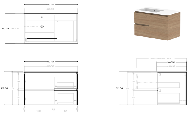 Glacier Lite Twin 900mm Vanity, CastMarble Top, Bowl Options