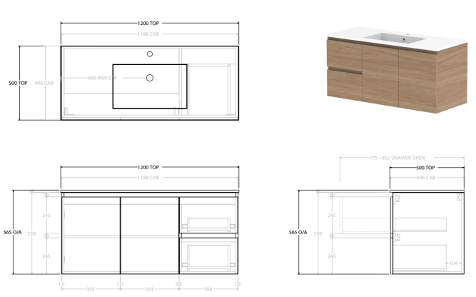 Glacier Lite 1200mm Twin Vanity, CastMarble Top, Bowl Options