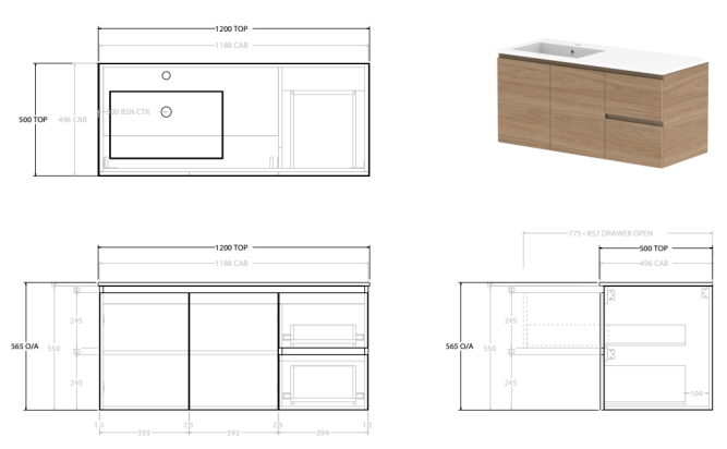 Glacier Lite 1200mm Twin Vanity, CastMarble Top, Bowl Options