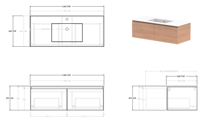 Glacier Lite All-Drawer Slim 1200mm, CastMarble Top, Bowl Options