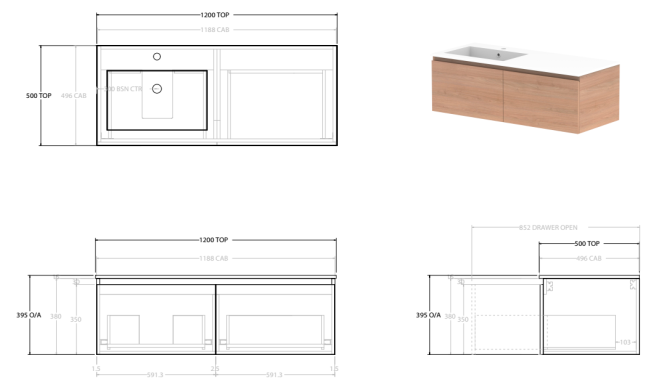 Glacier Lite All-Drawer Slim 1200mm, CastMarble Top, Bowl Options