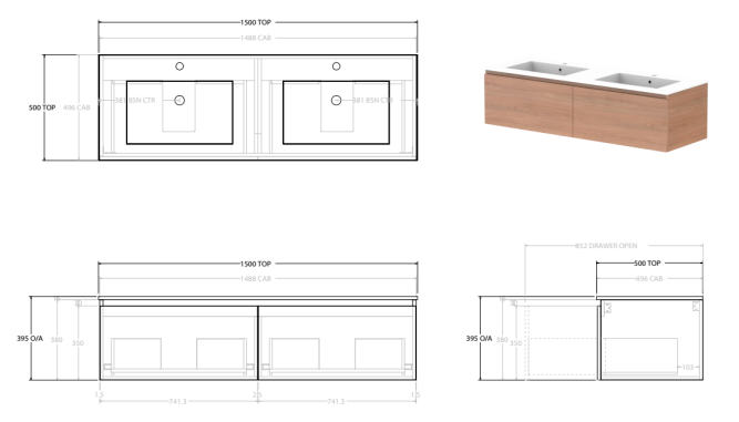Glacier Lite All-Drawer Slim 1500mm, Double Bowl CastMarble Top