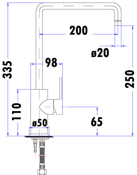 HussSquareHighRiseSinkMixerPinHandle35mmLineDrawingPC-1002SB_S