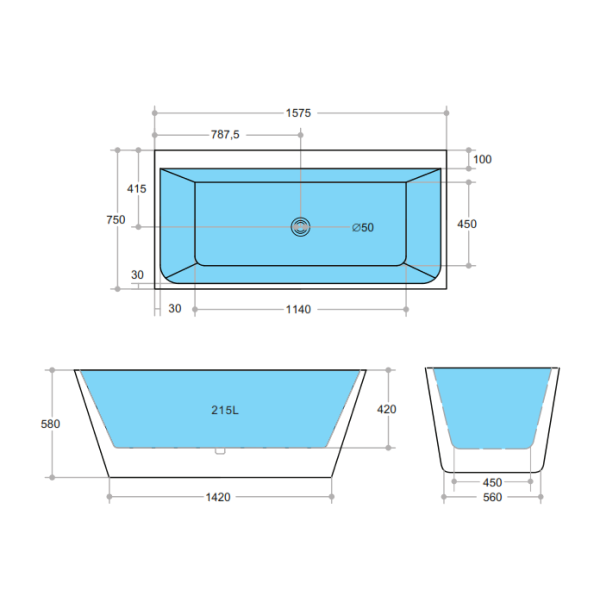 KDK Avis KBT-7 Back-to-Wall Bath, White Gloss - 1575mm / 1700mm
