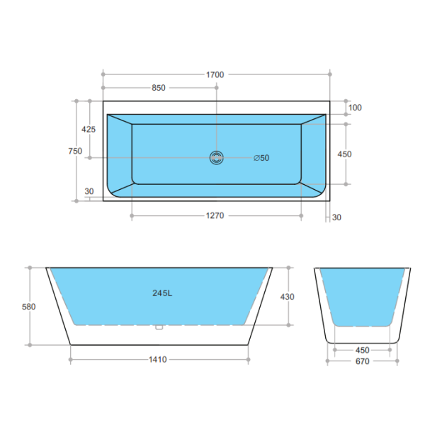 KDK Avis KBT-7 Back-to-Wall Bath, White Gloss - 1575mm / 1700mm