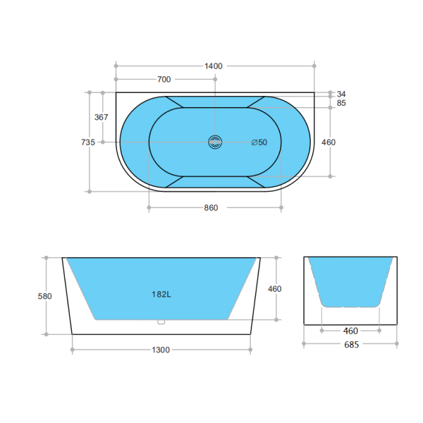 KDK Elivia KBT-10 Back-to-Wall Bath, White Gloss - 1400mm