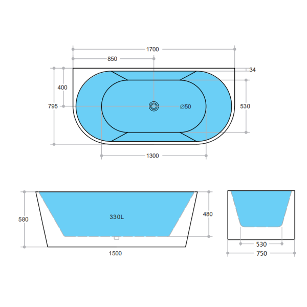 KDK Elivia KBT-10 Back-to-Wall Bath, White Gloss - 1400mm / 1500mm / 1700mm