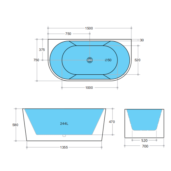 KDK Elivia MBBT-10 Back-to-Wall Matte Black and White Bath - 1500mm / 1700mm