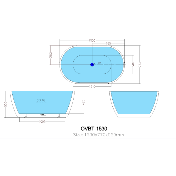 KDK Olivia Freestanding Bath, Matte White - 1530mm/1690mm
