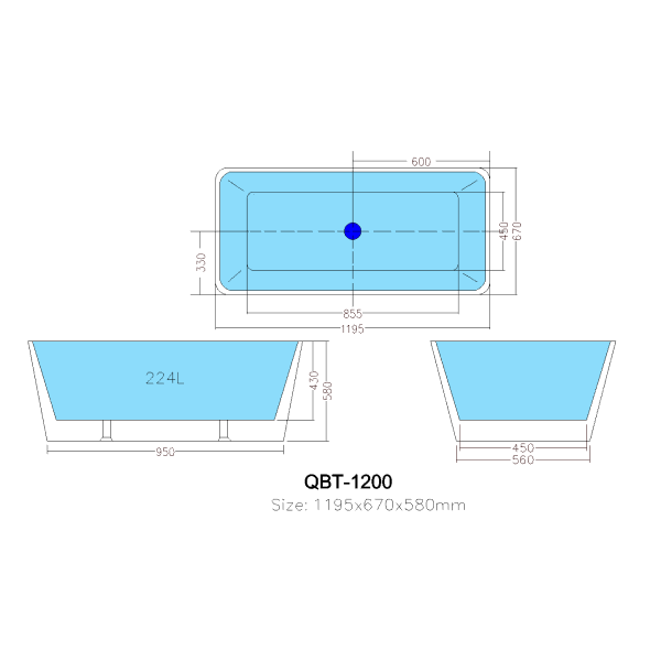 KDK Qubist KBT-2 Freestanding Bath 1195mm - White Gloss