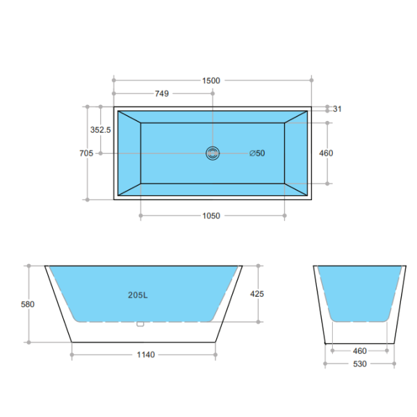 KDK Qubist KBT-2 Freestanding Bath 1500mm - White Gloss