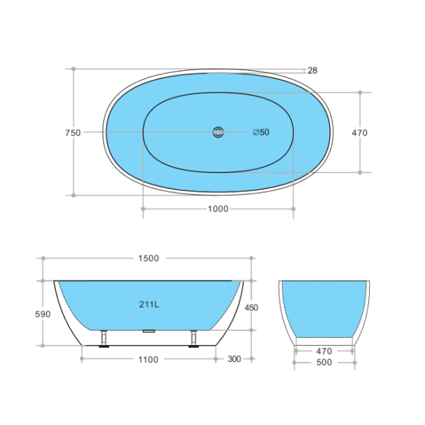 KDK Stella STBT-MB Freestanding Bath Matte Black - 1500mm/ 1700mm