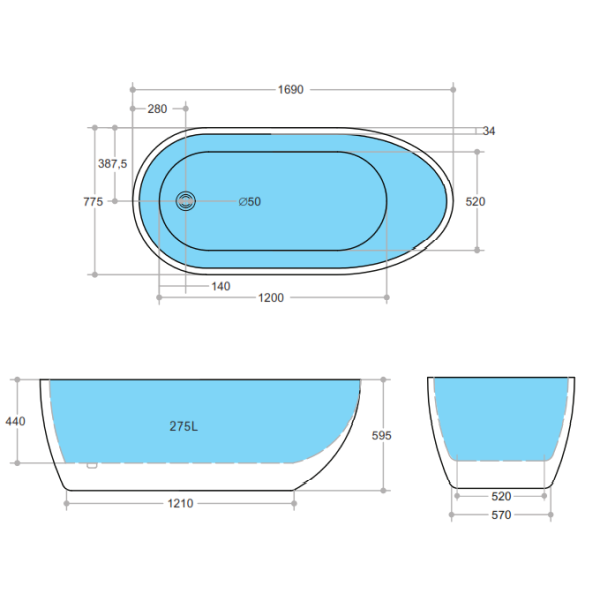 KDK Veda KBT-E Freestanding Bath White Gloss, 1690mm