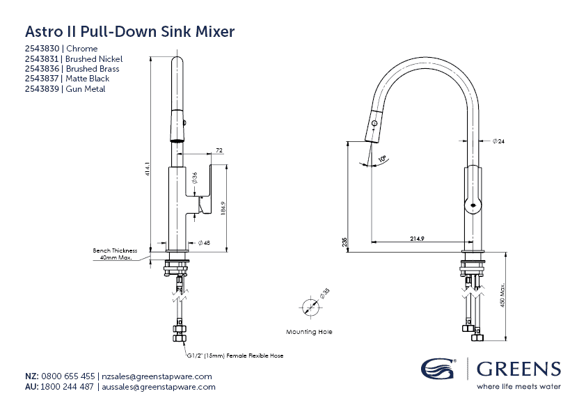 Greens Astro II Pull Down Sink Mixer - Brushed Brass