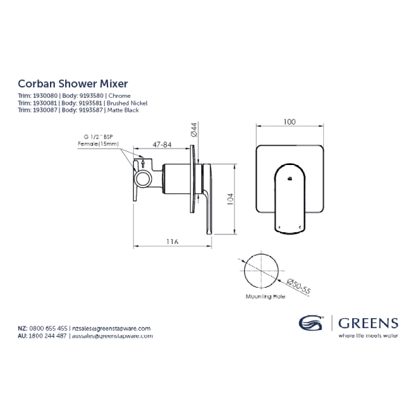 Greens Corban Shower Mixer Set - Brushed Nickel