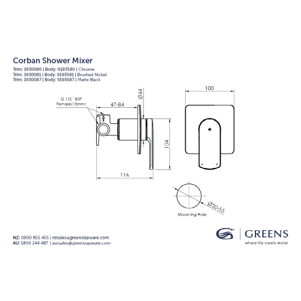 Greens Corban Shower Mixer Set - Chrome