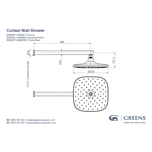 Greens Corban Wall Shower - Brushed Nickel