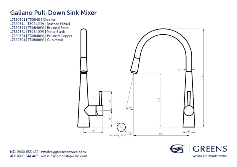 Greens Galiano Pull Down Sink Mixer - Matte Black