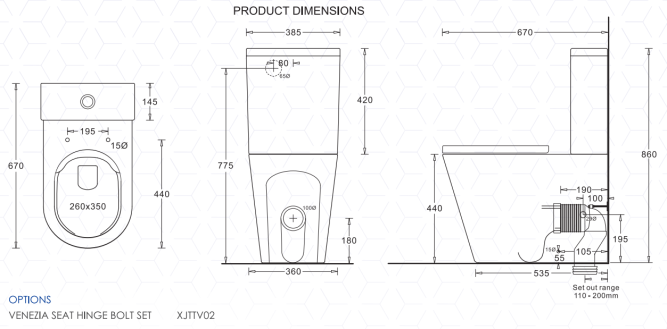 Johnson Suisse Venezia Raised Comfort Height, Rimless Back To Wall Toilet Suite