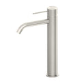 A tall basin mixer tap with a brushed nickel finish, featuring a sleek, minimalist design with a curved spout and a single lever handle.