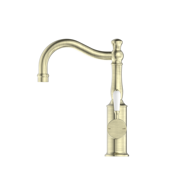 Nero York Basin Mixer Hook Spout - Aged Brass (Handle Options)