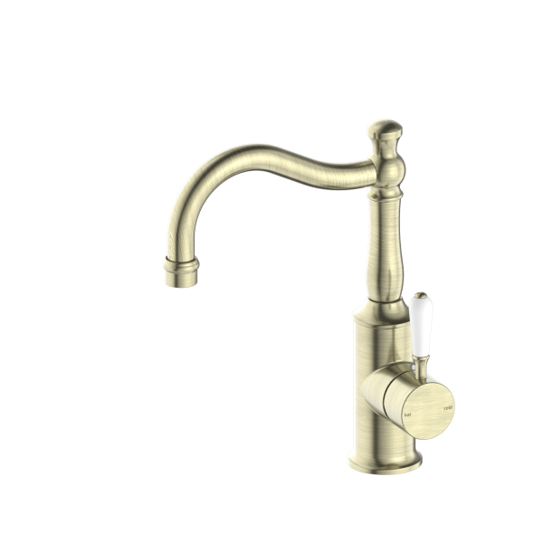 Nero York Basin Mixer Hook Spout - Aged Brass (Handle Options)