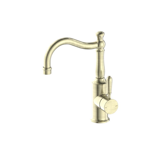 Nero York Basin Mixer Hook Spout - Aged Brass (Handle Options)