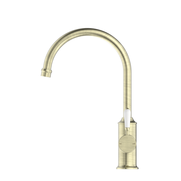 Nero York Gooseneck Kitchen Mixer - Aged Brass (Handle Options)