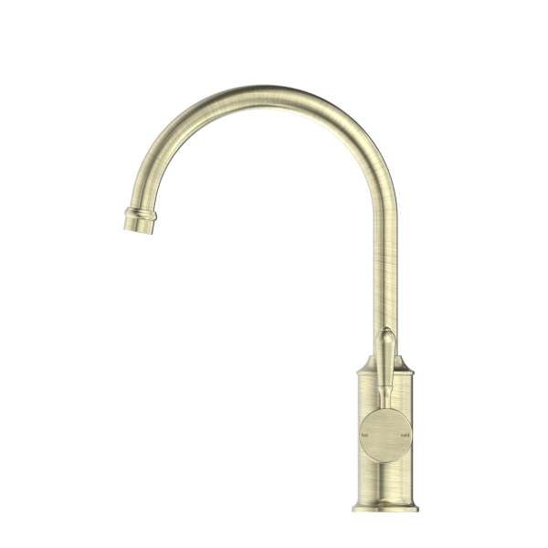 Nero York Gooseneck Kitchen Mixer - Aged Brass (Handle Options)