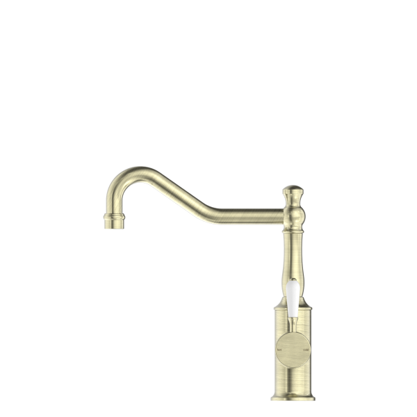 Nero York Hook Spout Kitchen Mixer - Aged Brass (Handle Options)