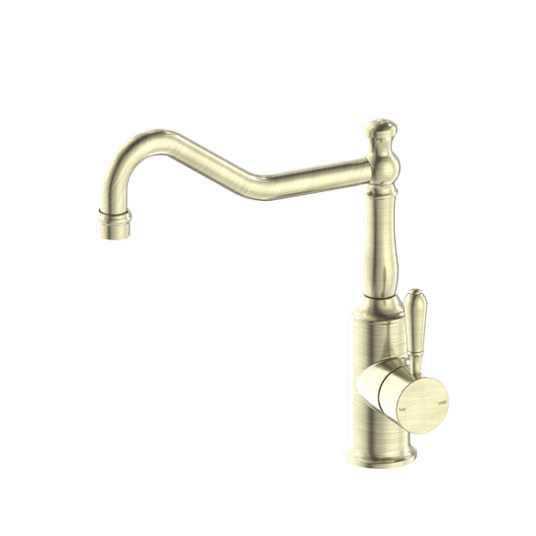 Nero York Hook Spout Kitchen Mixer - Aged Brass (Handle Options)